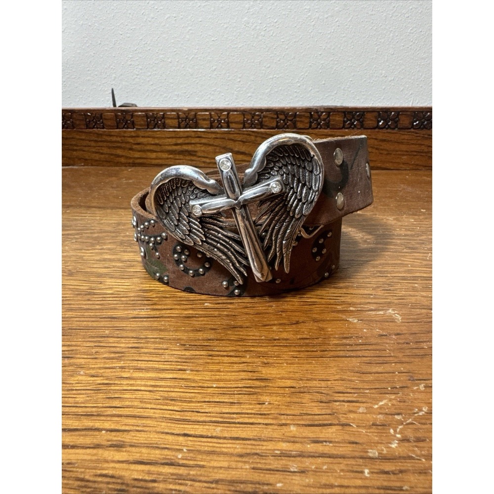 Nocona Women's Western Leather Belt Cross Angel Wings Rhinestone Floral 43"